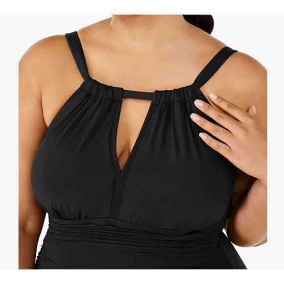 RALPH LAUREN Black High-Neck Keyhole One Piece Swimsuit 16 W 16W - Picture 2 of 6